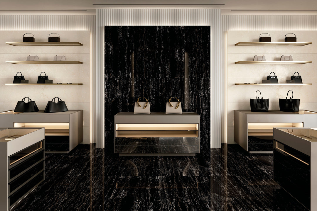 Palazzo Nero 12x12 polished porcelain rectified tile emphasizing its bold dark intensity and sleek high-gloss surface with a contemporary edge