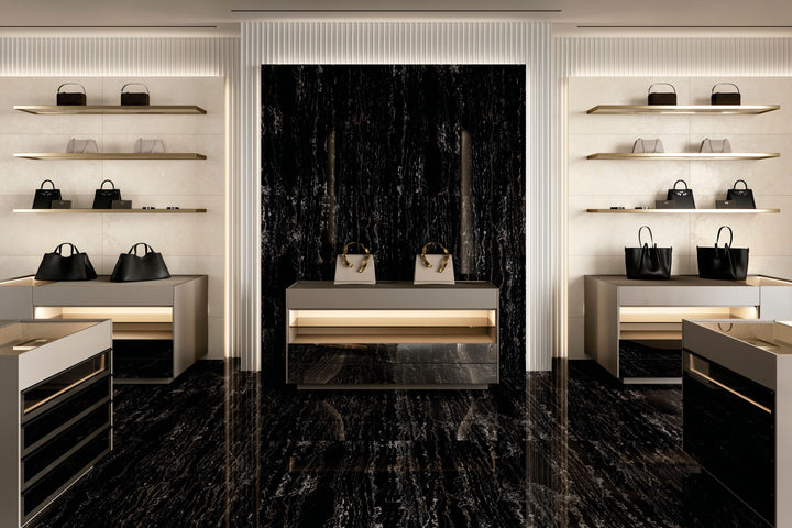 Palazzo Nero 12x12 polished porcelain rectified tile emphasizing its bold dark intensity and sleek high-gloss surface with a contemporary edge
