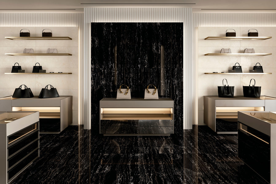 Palazzo Nero 12x12 polished porcelain rectified tile emphasizing its bold dark intensity and sleek high-gloss surface with a contemporary edge