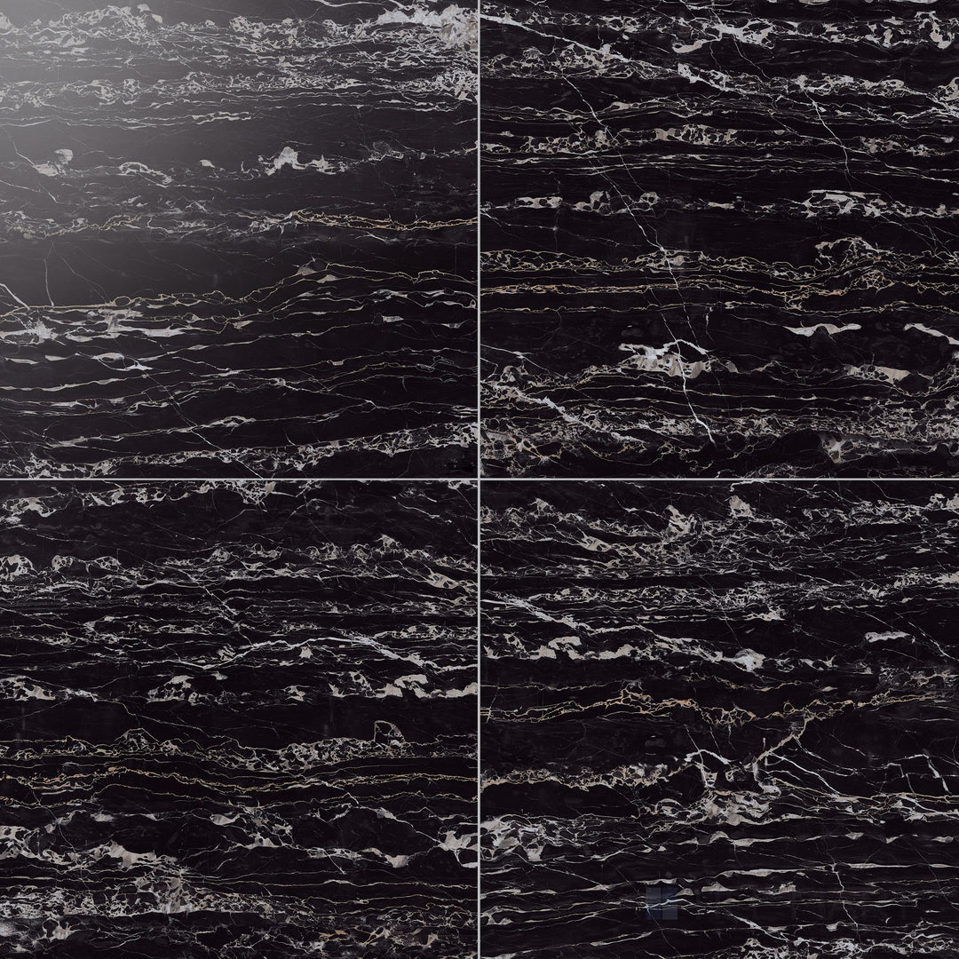12x12 polished rectified porcelain tile in nero with a striking high-gloss finish and deep, dramatic dark stone appeal