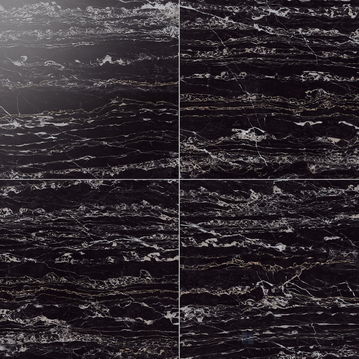 12x12 polished rectified porcelain tile in nero with a striking high-gloss finish and deep, dramatic dark stone appeal