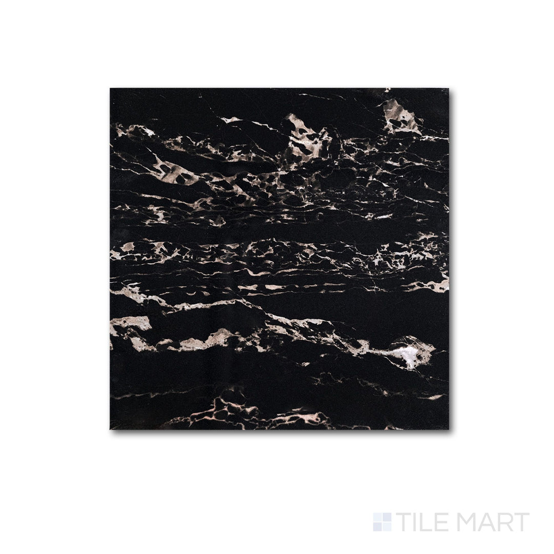 Flat lay of a 12x12 Palazzo Nero polished porcelain tile in striking deep black with a mirror-like glossy finish and rich dark stone depth