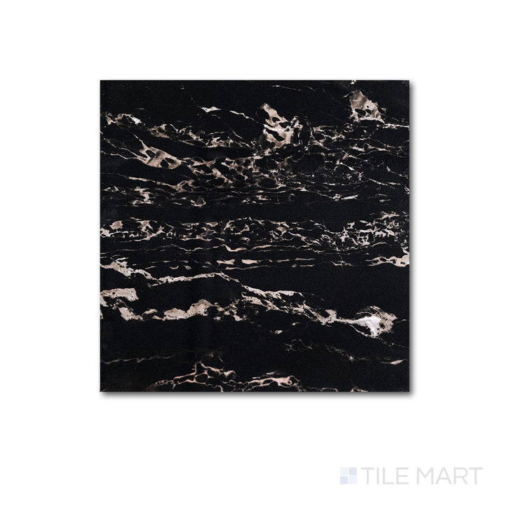 Flat lay of a 12x12 Palazzo Nero polished porcelain tile in striking deep black with a mirror-like glossy finish and rich dark stone depth