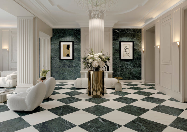 Palazzo Verde 24x24 natural porcelain rectified tile conveying a grounded, organic warmth with expansive earthy green-grey tones in a matte finish