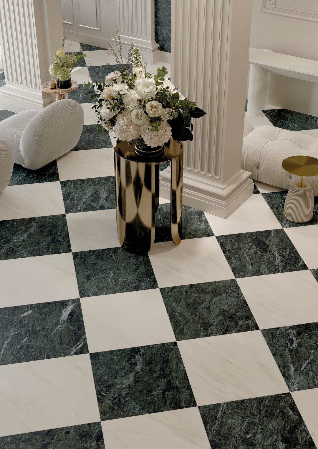 Palazzo Verde 24x24 natural porcelain rectified tile reflecting a natural, understated depth with its large-format matte surface and earthy stone-inspired character