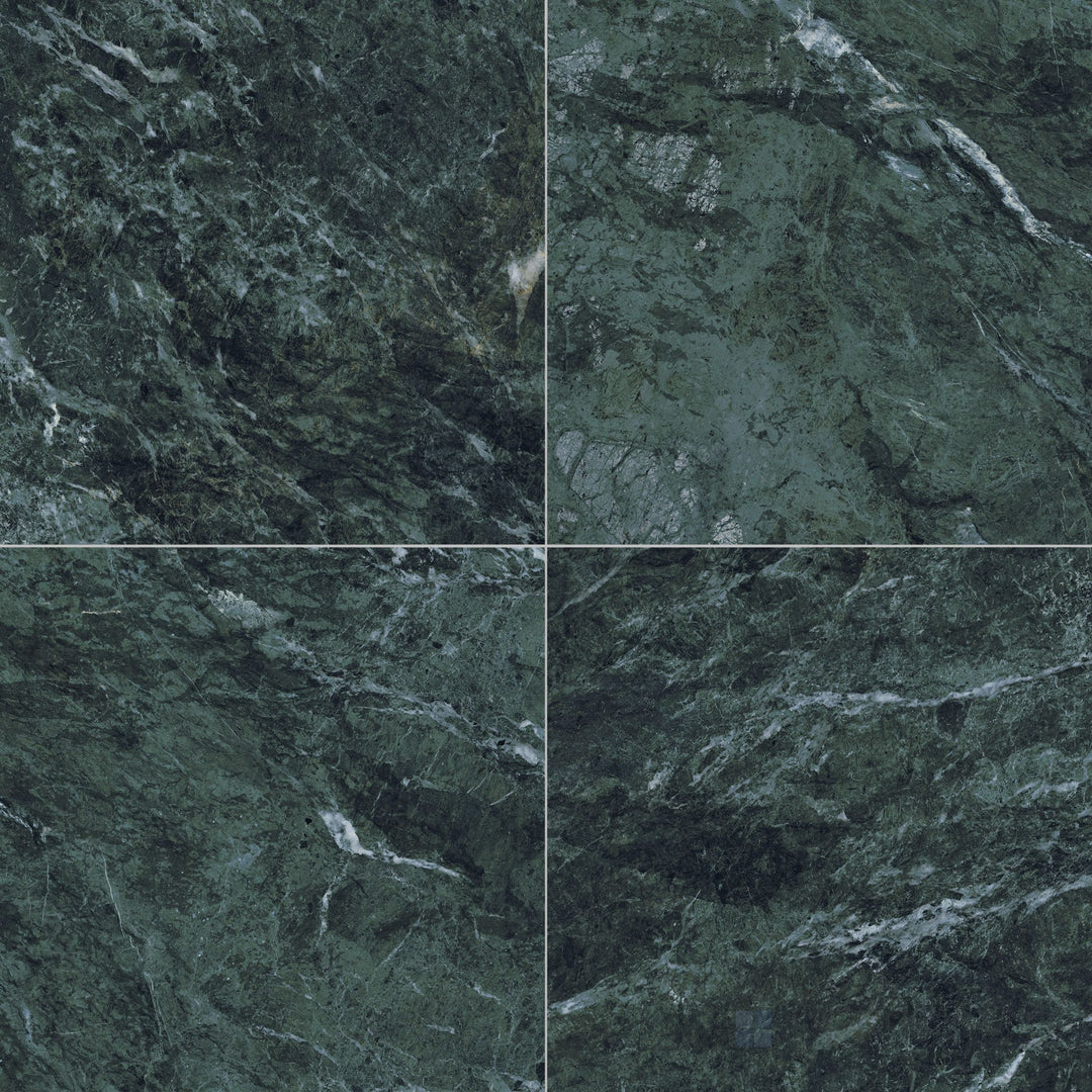 Large-format 24x24 natural finish rectified porcelain tile in verde with expansive earthy stone-inspired texture
