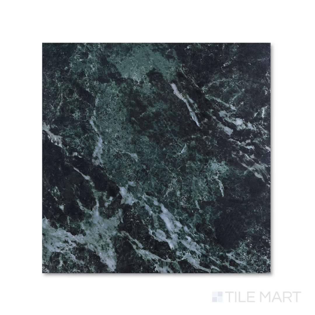 Bird's-eye view of a 24x24 Palazzo Verde natural porcelain tile with expansive earthy green-grey tones and understated matte stone texture