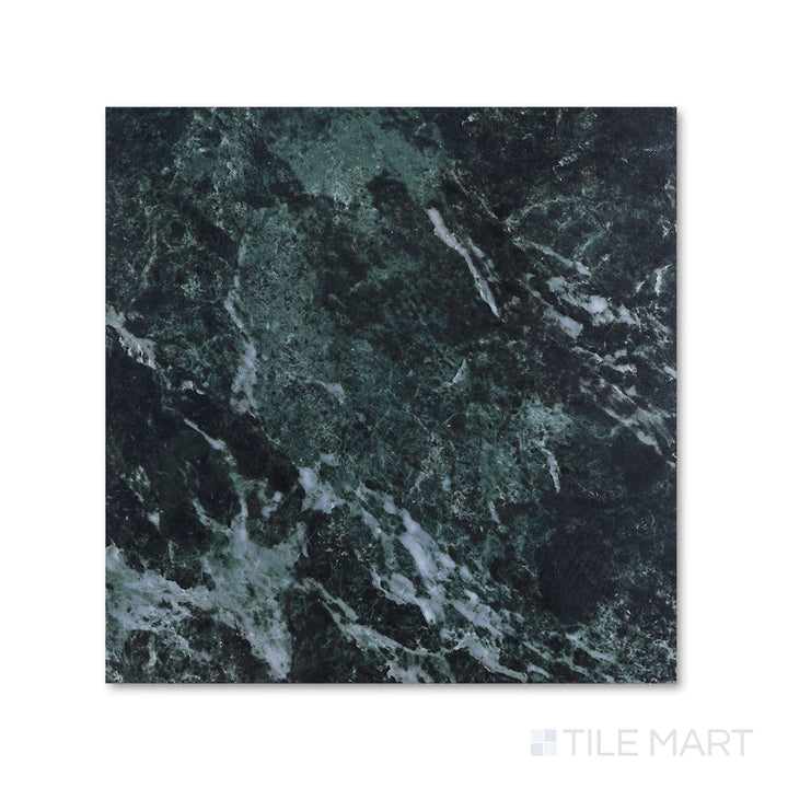 Bird's-eye view of a 24x24 Palazzo Verde natural porcelain tile with expansive earthy green-grey tones and understated matte stone texture