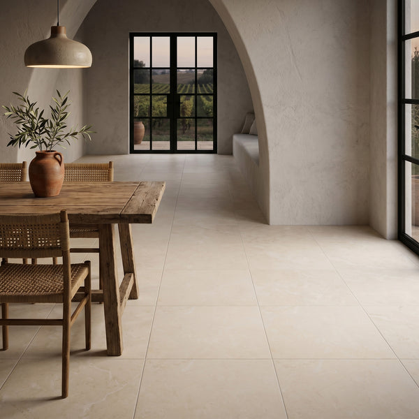 Palazzo Crema 24x24 natural porcelain rectified tile showcasing a broad, serene warmth with its large-format ivory tone and softly textured matte quality