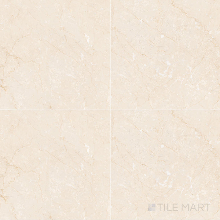 Large-format 24x24 rectified porcelain tile in warm crema with a natural matte surface and understated stone character