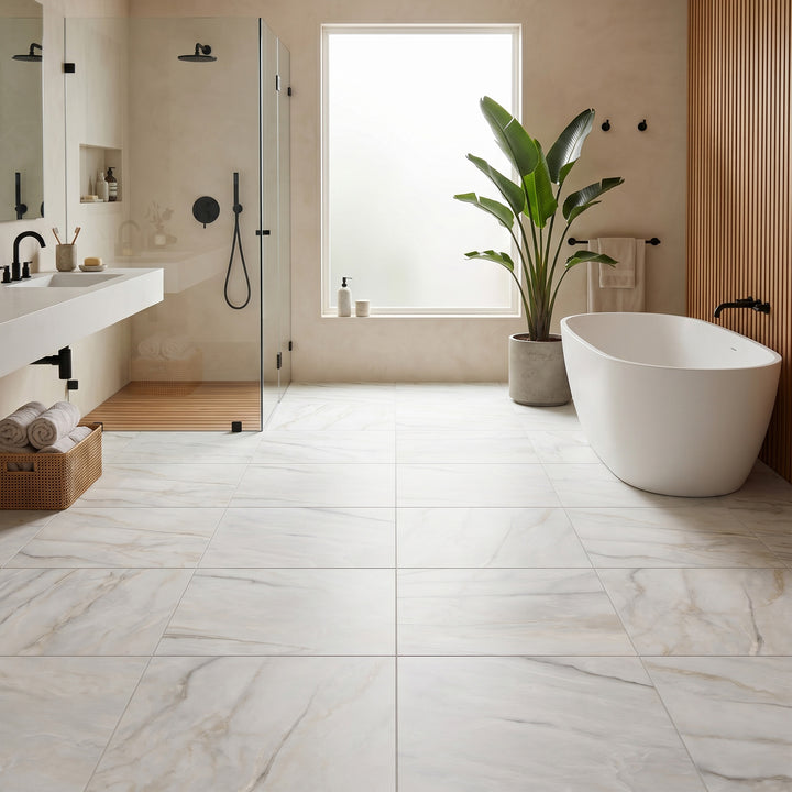 Palazzo Calacatta 24x24 natural porcelain rectified tile highlighting an expansive marble-inspired elegance with sweeping veining across a refined matte surface