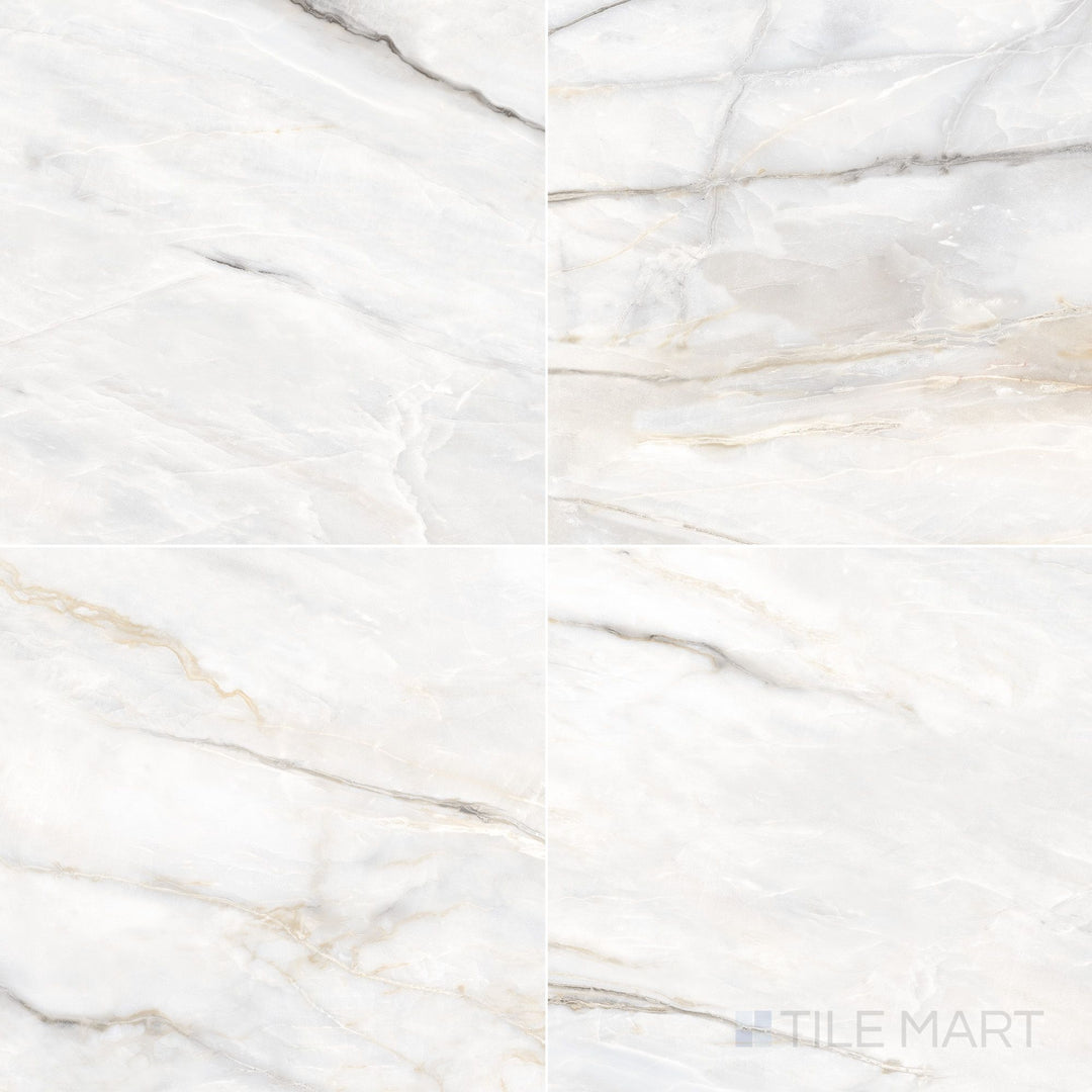 Large-format 24x24 natural porcelain rectified tile in calacatta with soft veining and an elegant marble-inspired matte surface