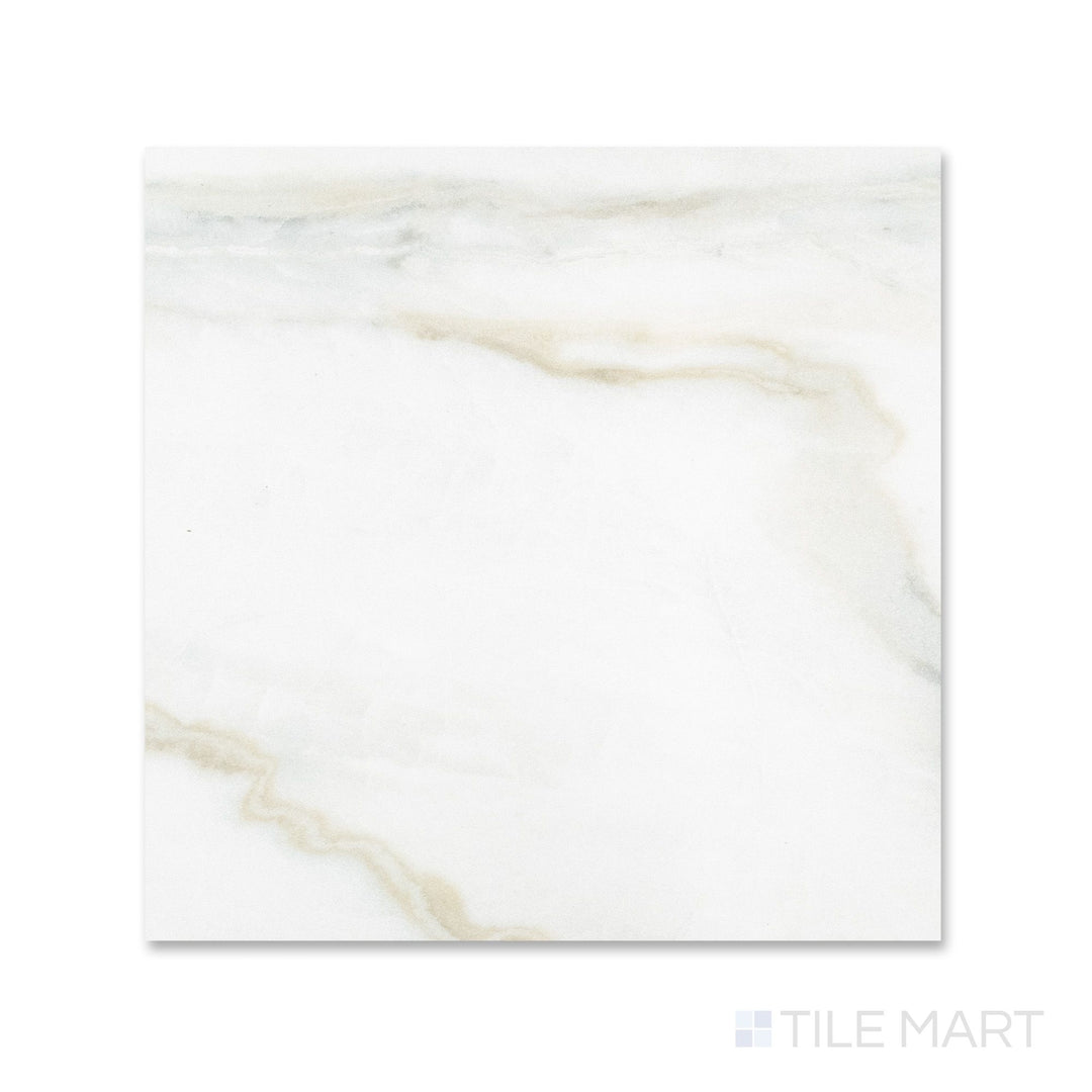 Overhead view of a 24x24 Palazzo Calacatta natural porcelain tile with sweeping white marble-inspired surface and soft grey veining in a matte finish