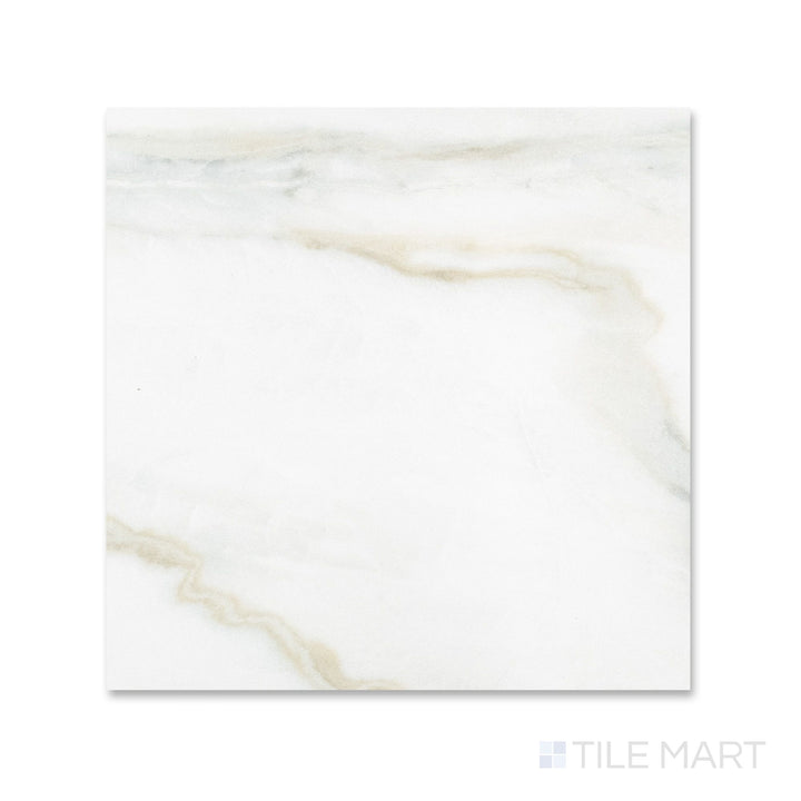 Overhead view of a 24x24 Palazzo Calacatta natural porcelain tile with sweeping white marble-inspired surface and soft grey veining in a matte finish