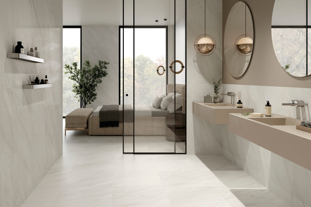 Palazzo Luce 24x24 natural porcelain rectified tile radiating a wide, open brightness with its large-format soft tone and gently luminous matte finish