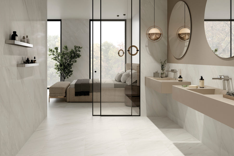 Palazzo Luce 24x24 natural porcelain rectified tile radiating a wide, open brightness with its large-format soft tone and gently luminous matte finish