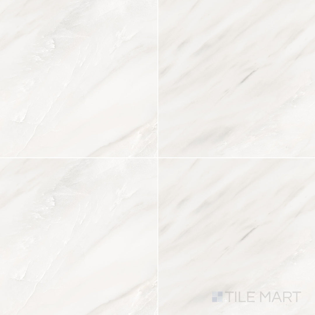 Large-format 24x24 natural finish rectified porcelain tile in luce with a soft, airy tone and subtle light stone-inspired detail