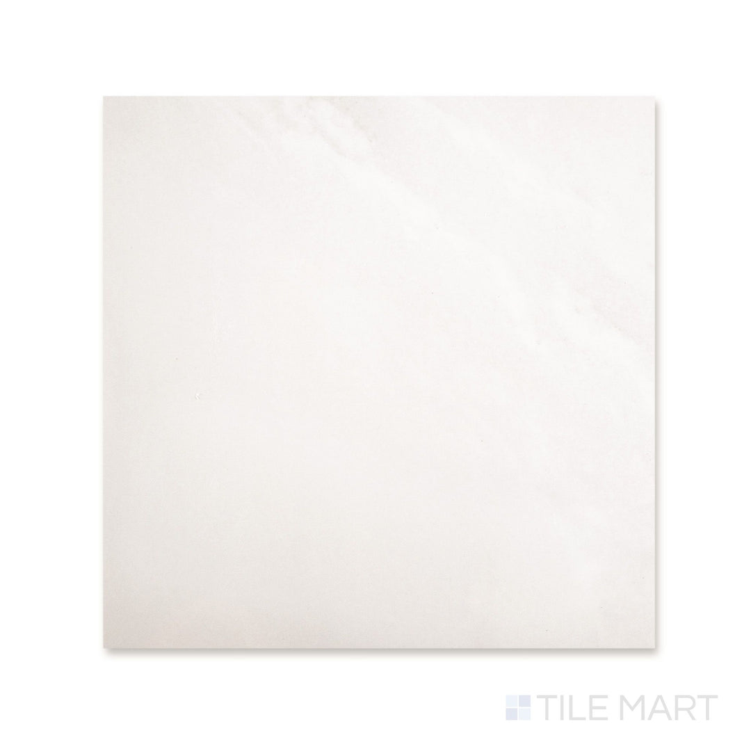Flat lay of a 24x24 Palazzo Luce natural porcelain tile with a wide airy light tone and softly textured matte stone-inspired surface