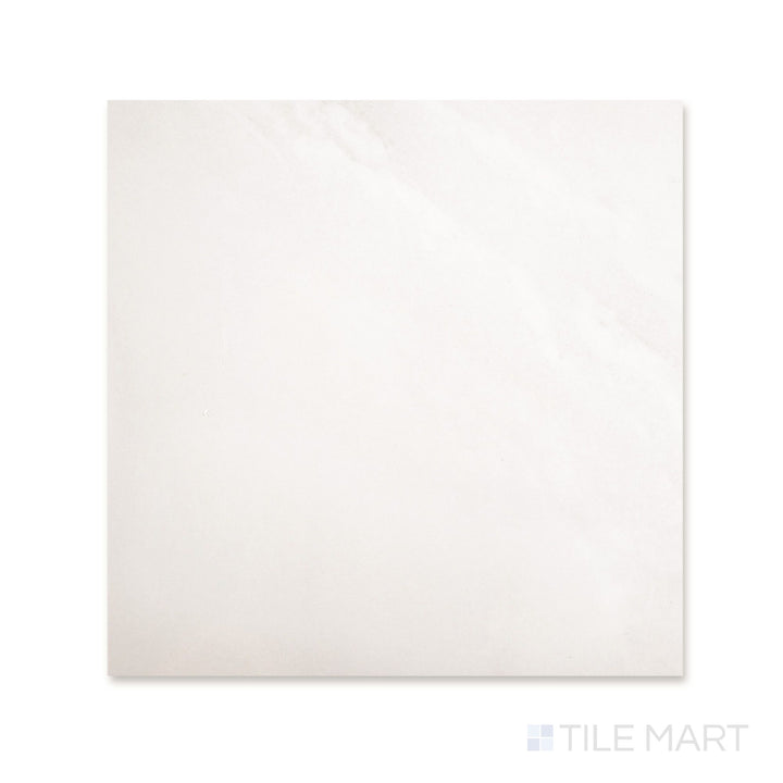 Flat lay of a 24x24 Palazzo Luce natural porcelain tile with a wide airy light tone and softly textured matte stone-inspired surface