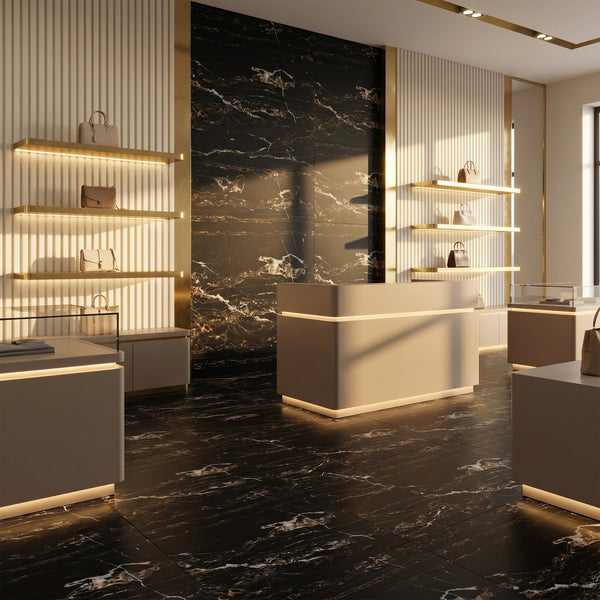 Palazzo Nero 24x24 natural porcelain rectified tile conveying a commanding, bold presence with its large-format deep black matte surface and dramatic dark depth