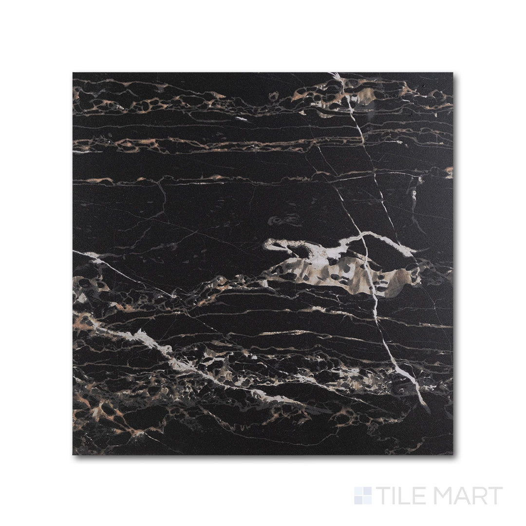 Bird's-eye view of a 24x24 Palazzo Nero natural porcelain tile in bold deep black with a commanding matte finish and broad dark stone presence