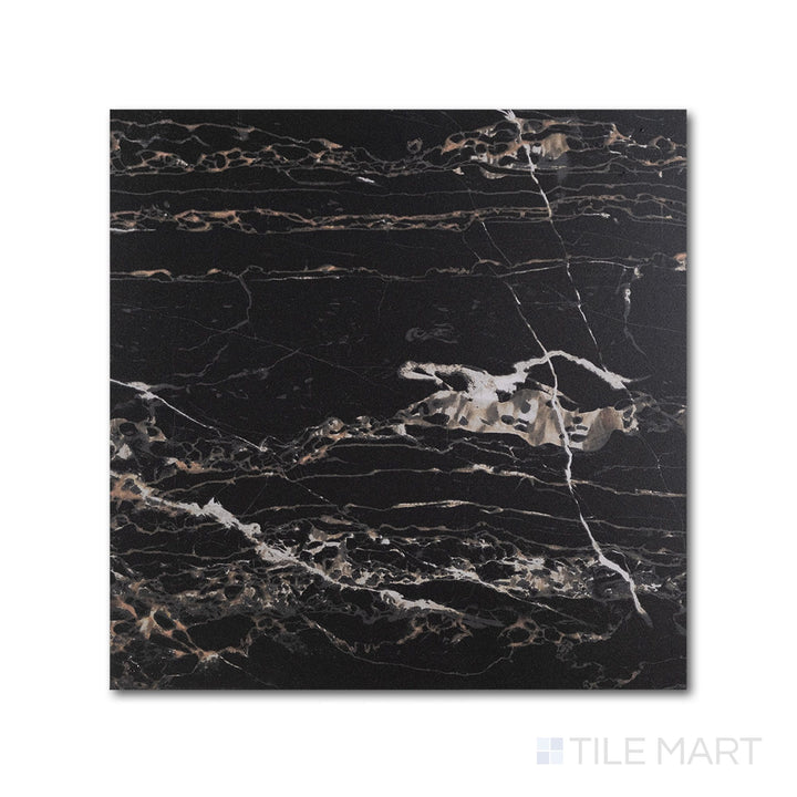 Bird's-eye view of a 24x24 Palazzo Nero natural porcelain tile in bold deep black with a commanding matte finish and broad dark stone presence