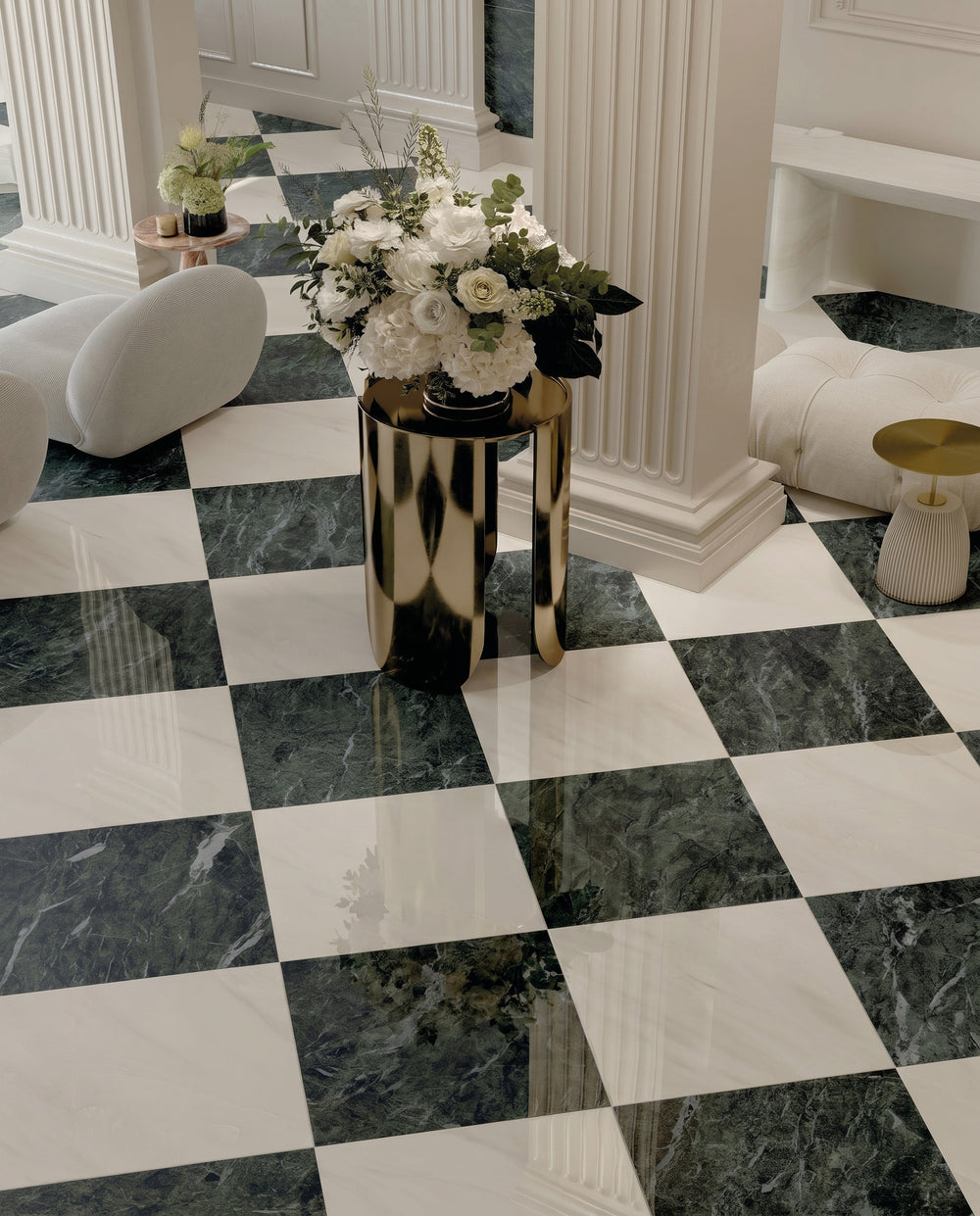 Palazzo Verde 24x24 polished porcelain rectified tile showcasing rich earthy green-grey tones with a high-gloss finish across an impressively large format