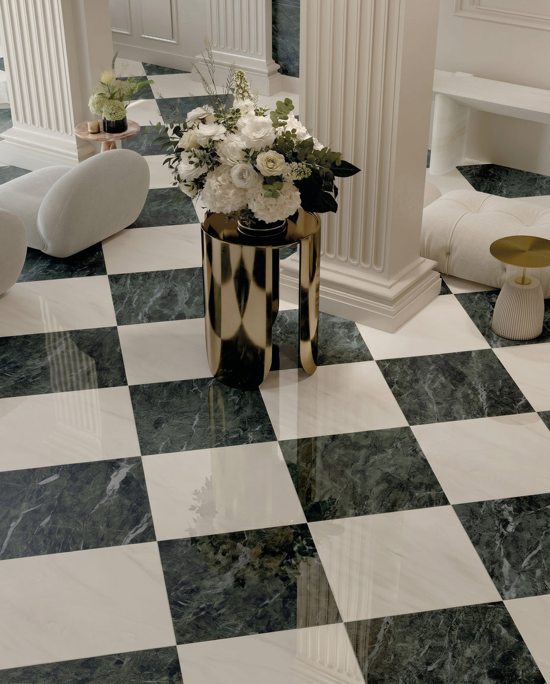 Palazzo Verde 24x24 polished porcelain rectified tile showcasing rich earthy green-grey tones with a high-gloss finish across an impressively large format