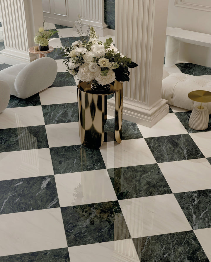 Palazzo Verde 24x24 polished porcelain rectified tile showcasing rich earthy green-grey tones with a high-gloss finish across an impressively large format