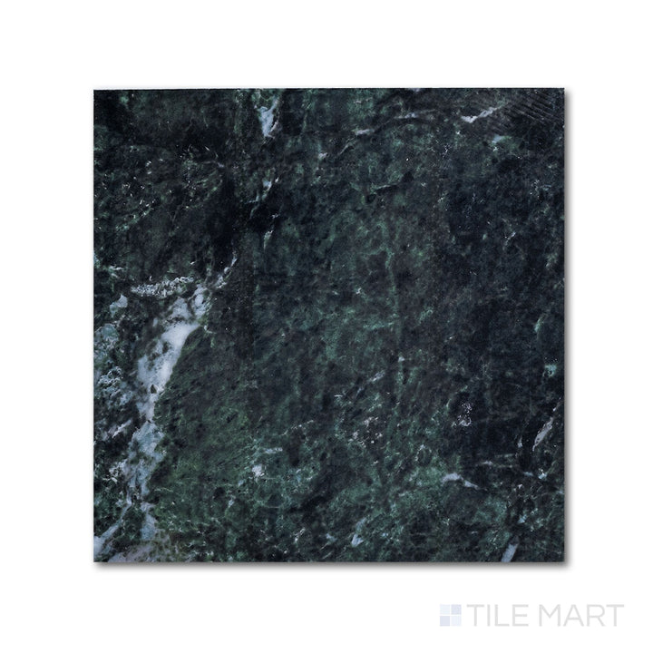 Overhead close-up of a 24x24 Palazzo Verde polished porcelain tile showcasing rich earthy green-grey tones across an expansive high-gloss surface