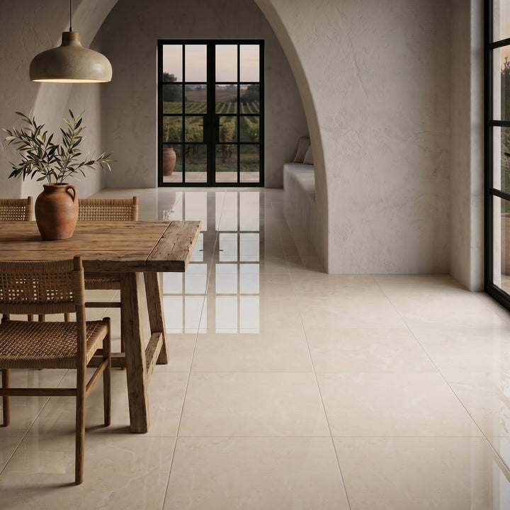Palazzo Crema 24x24 polished porcelain rectified tile reflecting a grand, luminous warmth with its broad ivory surface and elegantly glossy finish