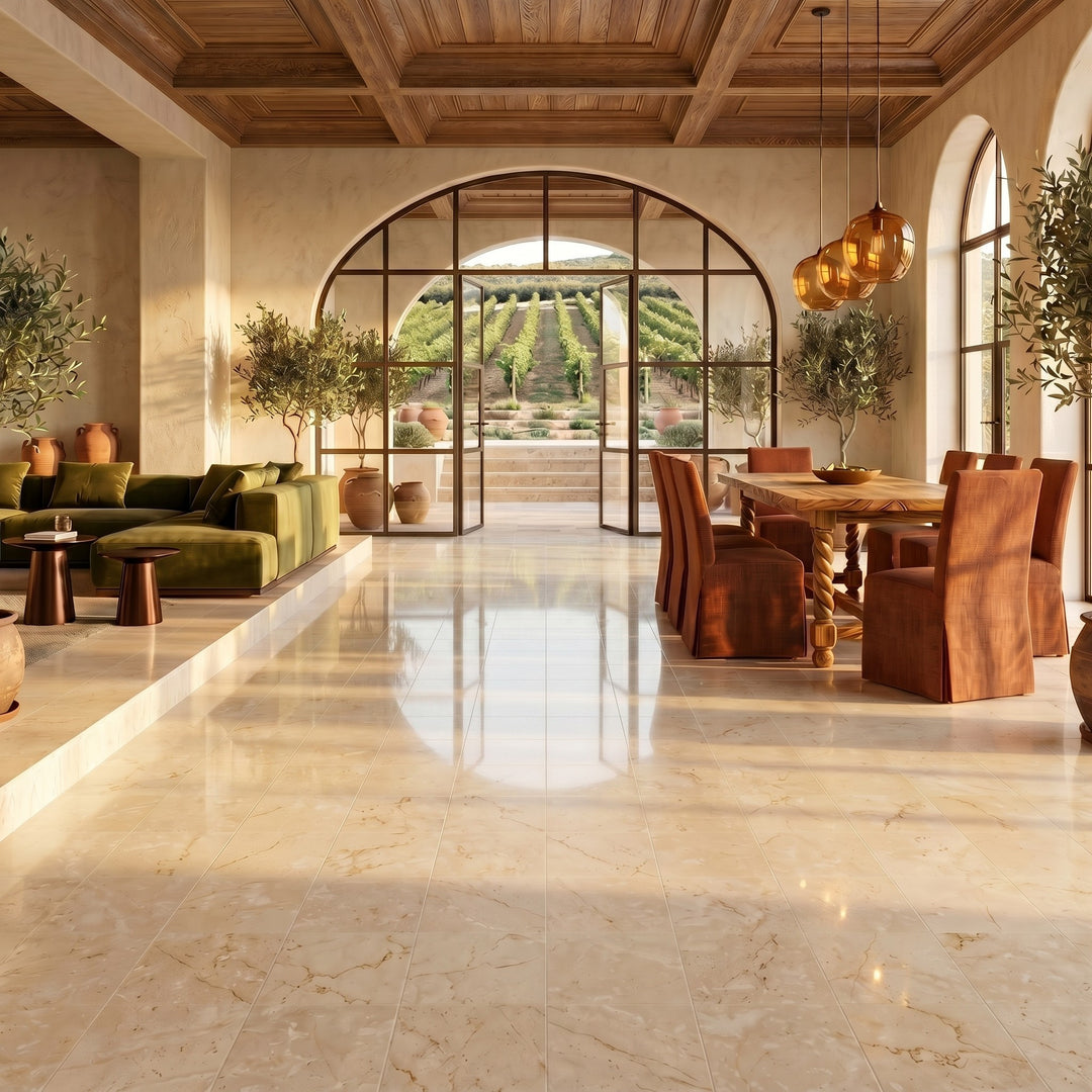 Palazzo Crema 24x24 polished porcelain rectified tile emphasizing its soft warm radiance and seamless large-format high-gloss surface quality