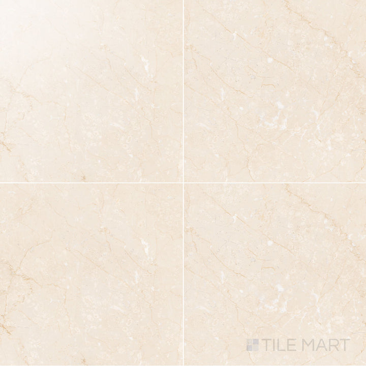 Large-format 24x24 polished rectified porcelain tile in crema with a luminous glossy surface and warm ivory stone appeal