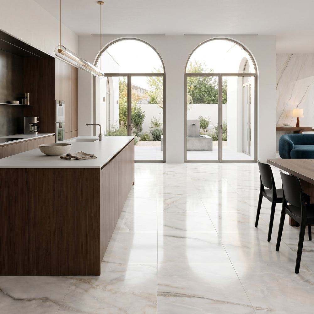 Palazzo Calacatta 24x24 polished porcelain rectified tile capturing a sweeping marble-inspired luxury with bold veining and a gleaming large-format finish