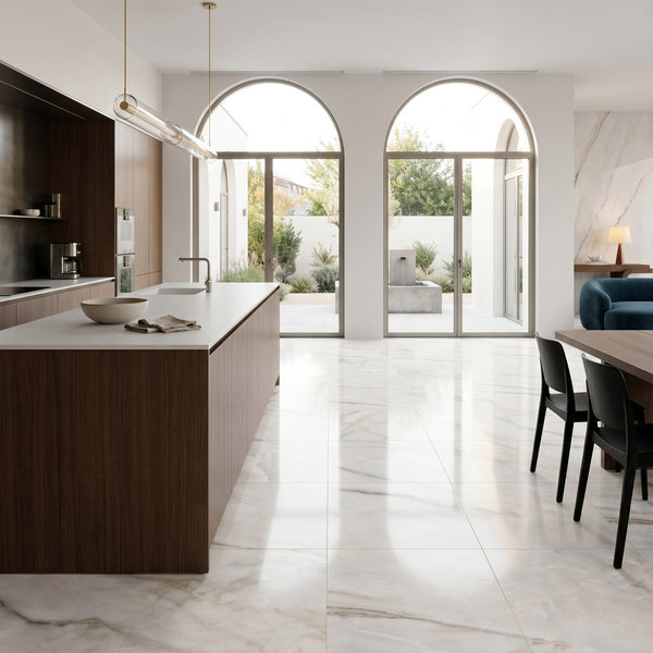 Palazzo Calacatta 24x24 polished porcelain rectified tile capturing a sweeping marble-inspired luxury with bold veining and a gleaming large-format finish