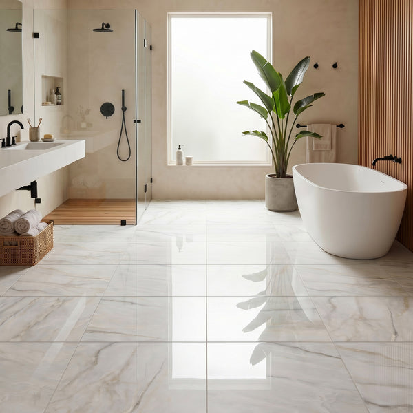 Palazzo Calacatta 24x24 polished porcelain rectified tile highlighting its opulent marble character and light-amplifying high-gloss surface across a grand format