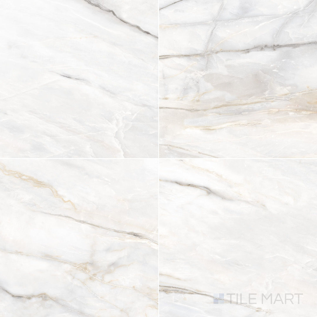 Large-format 24x24 polished rectified porcelain tile in calacatta with a gleaming finish and luxurious veined marble character