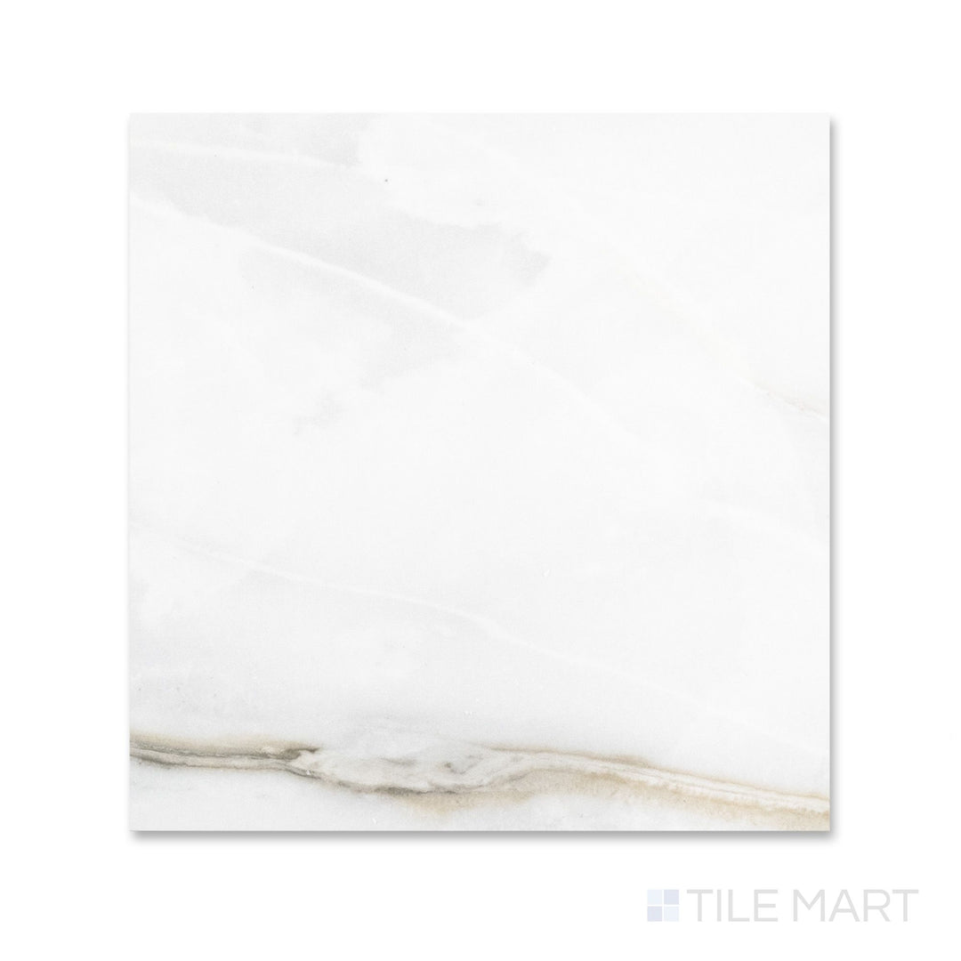 Flat lay of a 24x24 Palazzo Calacatta polished porcelain tile with a gleaming finish highlighting elegant white marble surface and flowing grey veining