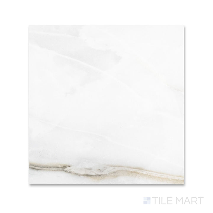 Flat lay of a 24x24 Palazzo Calacatta polished porcelain tile with a gleaming finish highlighting elegant white marble surface and flowing grey veining
