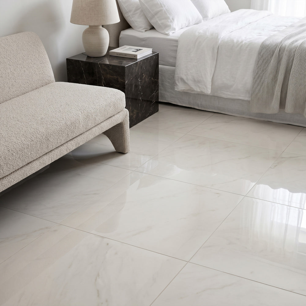 Palazzo Luce 24x24 polished porcelain rectified tile conveying a bright, expansive luminosity with its radiant gloss finish and large light-enhancing surface