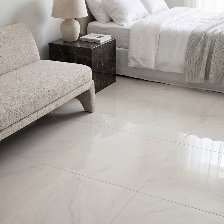 Palazzo Luce 24x24 polished porcelain rectified tile conveying a bright, expansive luminosity with its radiant gloss finish and large light-enhancing surface