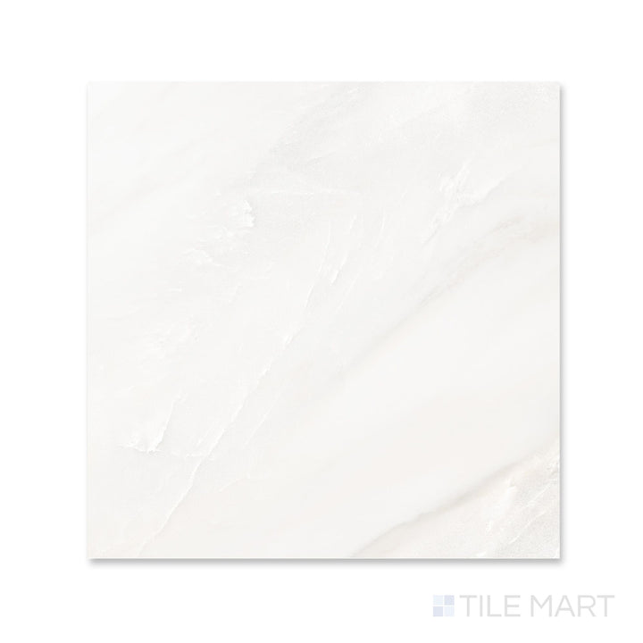 Bird's-eye view of a 24x24 Palazzo Luce polished porcelain tile with a radiant high-gloss surface amplifying its bright space-filling light tone