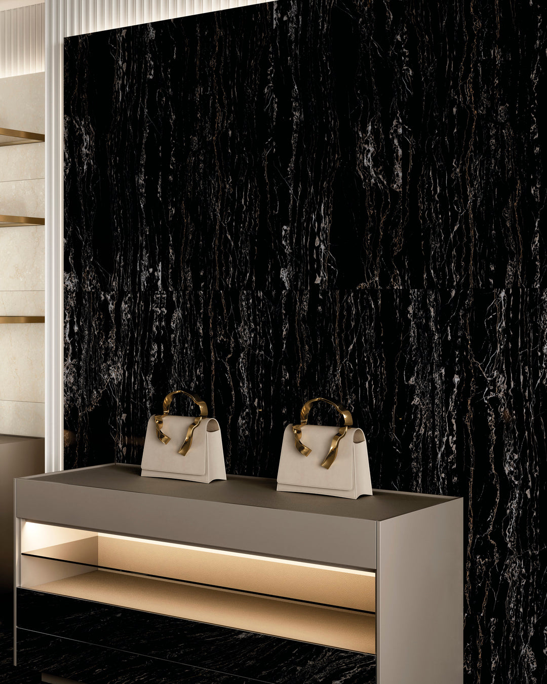 Palazzo Nero 24x24 polished porcelain rectified tile reflecting a striking, bold sophistication with its deep black mirror-like finish across a commanding large format