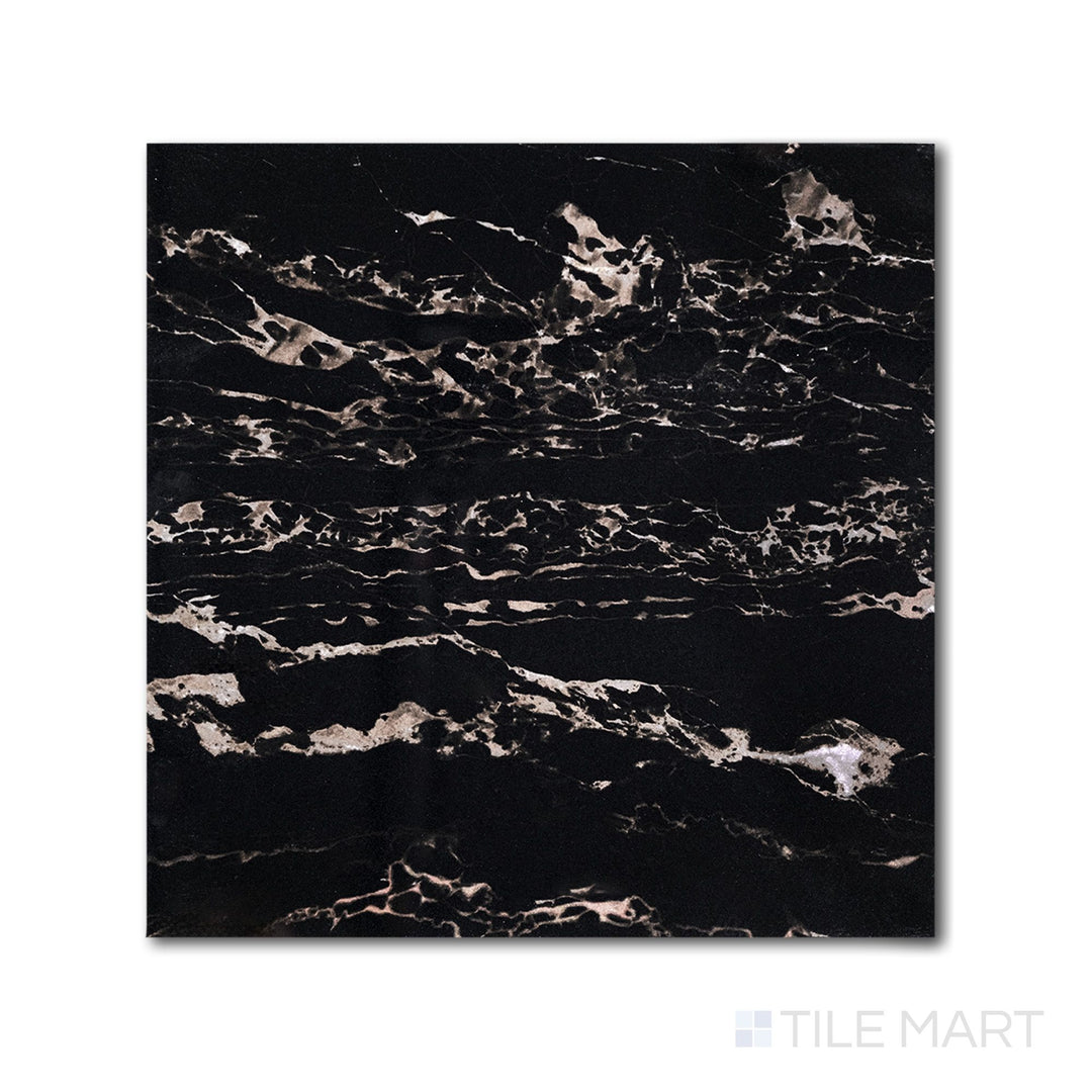 Overhead view of a 24x24 Palazzo Nero polished porcelain tile in deep black with a dramatic mirror-like gloss finish and bold dark stone intensity
