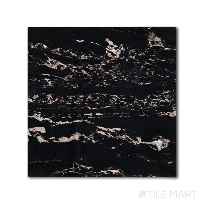 Overhead view of a 24x24 Palazzo Nero polished porcelain tile in deep black with a dramatic mirror-like gloss finish and bold dark stone intensity