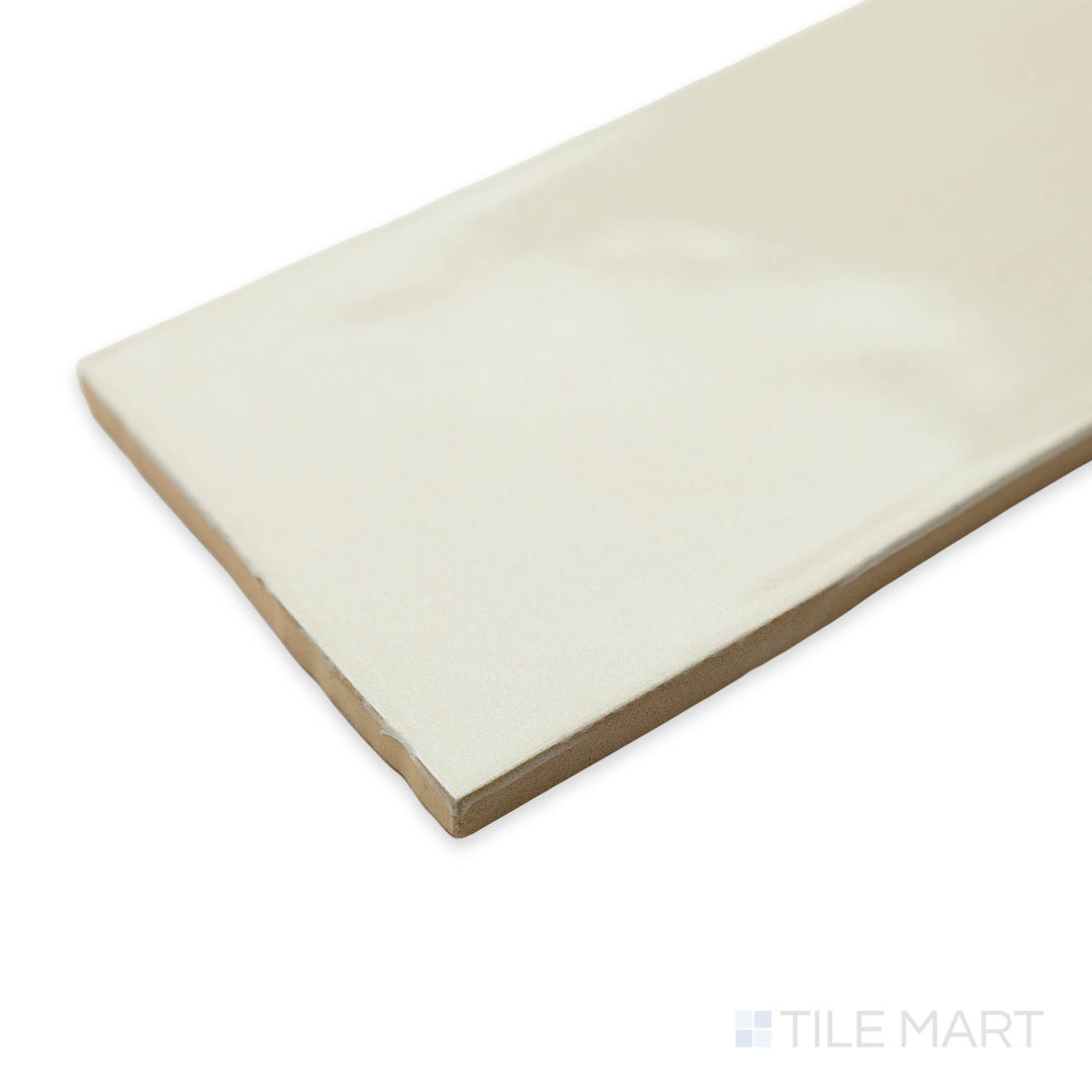 Corner-focused image of Bar Tile Nuuk 3X12 bright ceramic, showcasing its bold color, high-gloss sheen, and structured corner transition.