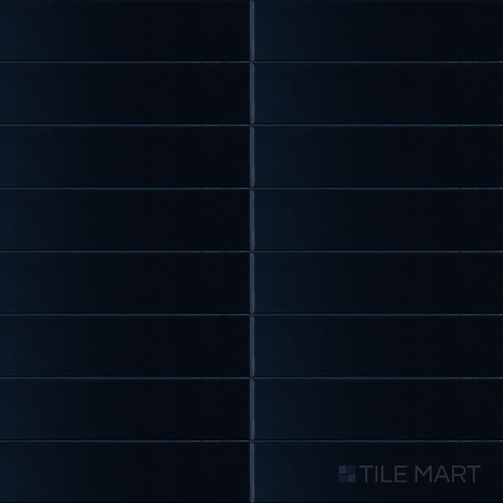 Block Azul 2x10 matte ceramic tile in a rich blue shade shown in overview format, highlighting its elongated shape and soft matte surface.