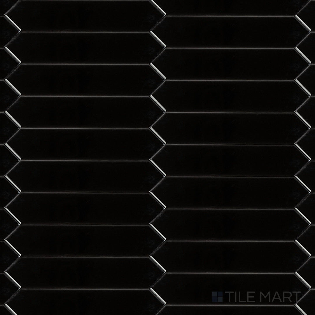 Overview of Block Negro 2x10 Arrow Bright ceramic tile in a deep black gloss finish with a striking arrow texture for bold, modern interiors.