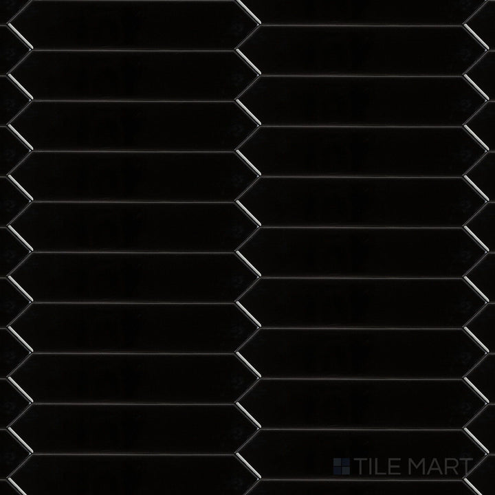 Overview of Block Negro 2x10 Arrow Bright ceramic tile in a deep black gloss finish with a striking arrow texture for bold, modern interiors.