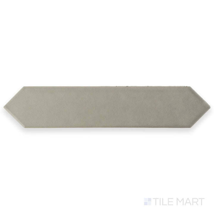 Top-down image of Block Acero 2x10 Arrow Matte ceramic tile in cool gray, displaying a full tile with matte glaze and subtle directional design.